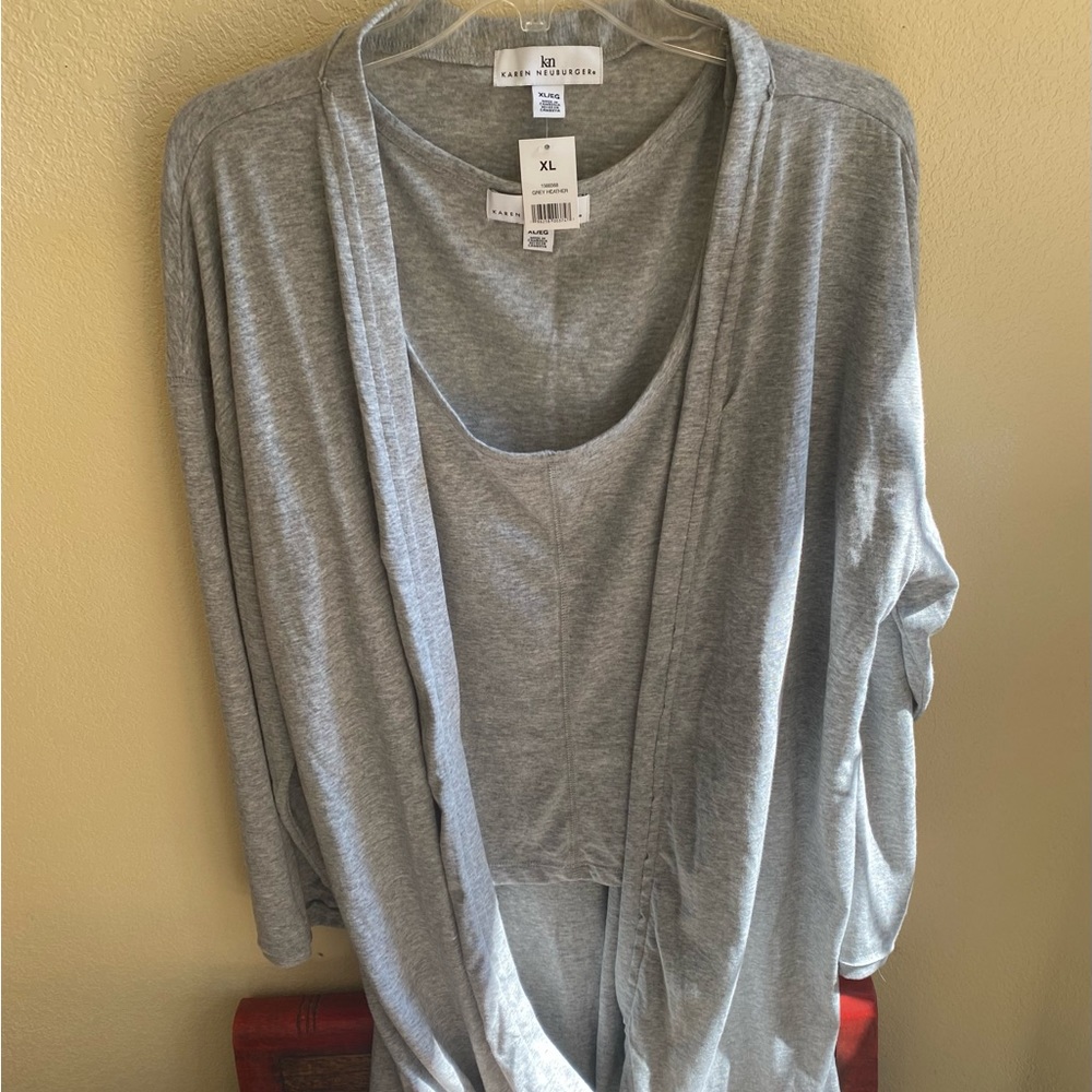 Karen Neuburger loungewear. Lightweight gray tank and matching long cardigan.
